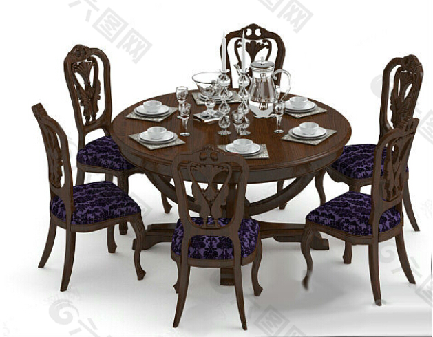 欧式风格圆型餐桌椅模型