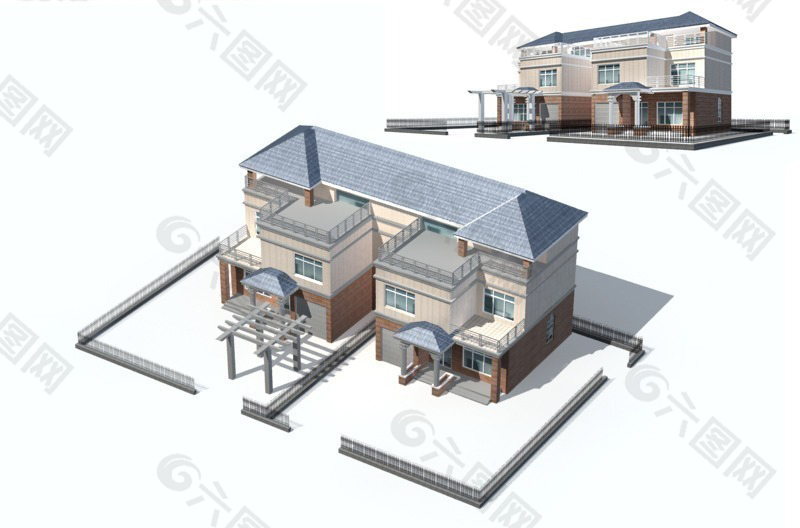 欧式联排三层别墅3D模型