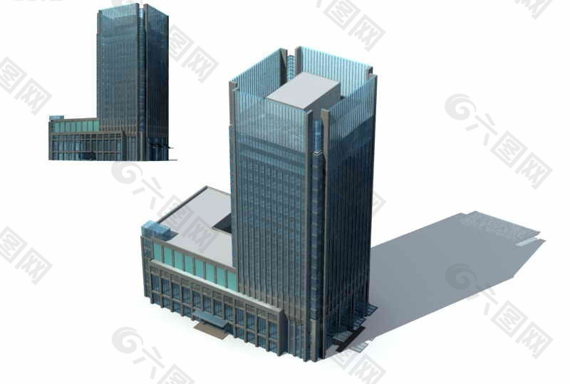 L型高层商业大厦建筑群3D模型