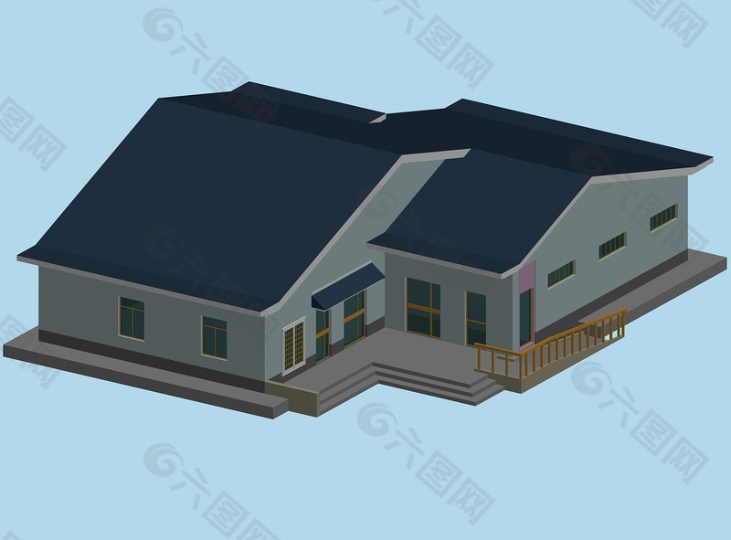 蓝灰色屋顶的公建3D模型