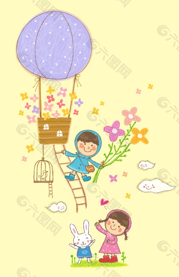 男孩乘热气球送花给女孩