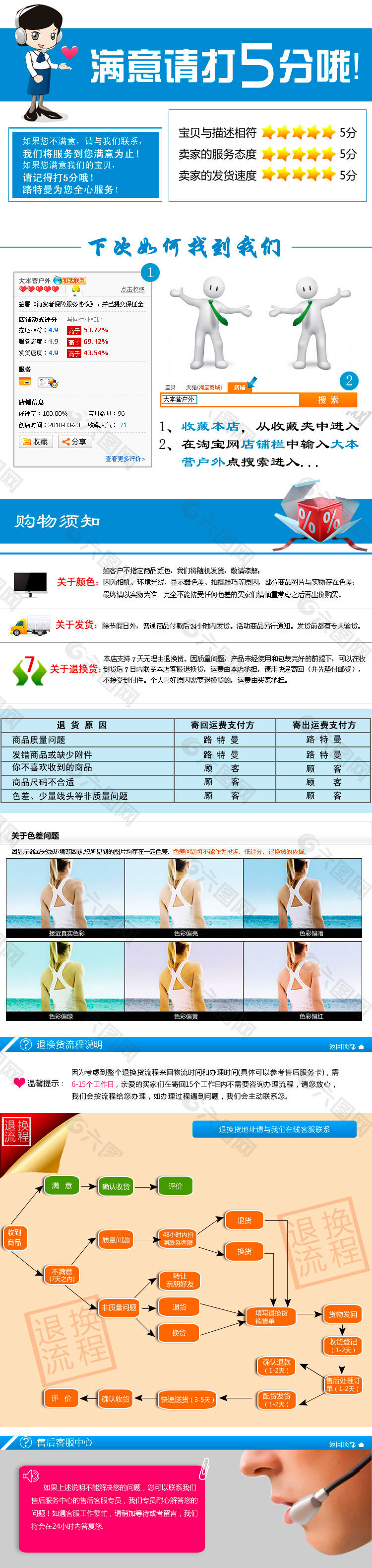 淘宝详情页满意请打5分购物须知