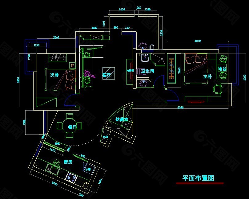 某2室一厅户型cad平面布置图