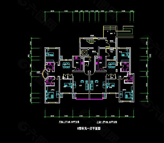 城市大户型三室二厅143平米N22cad图