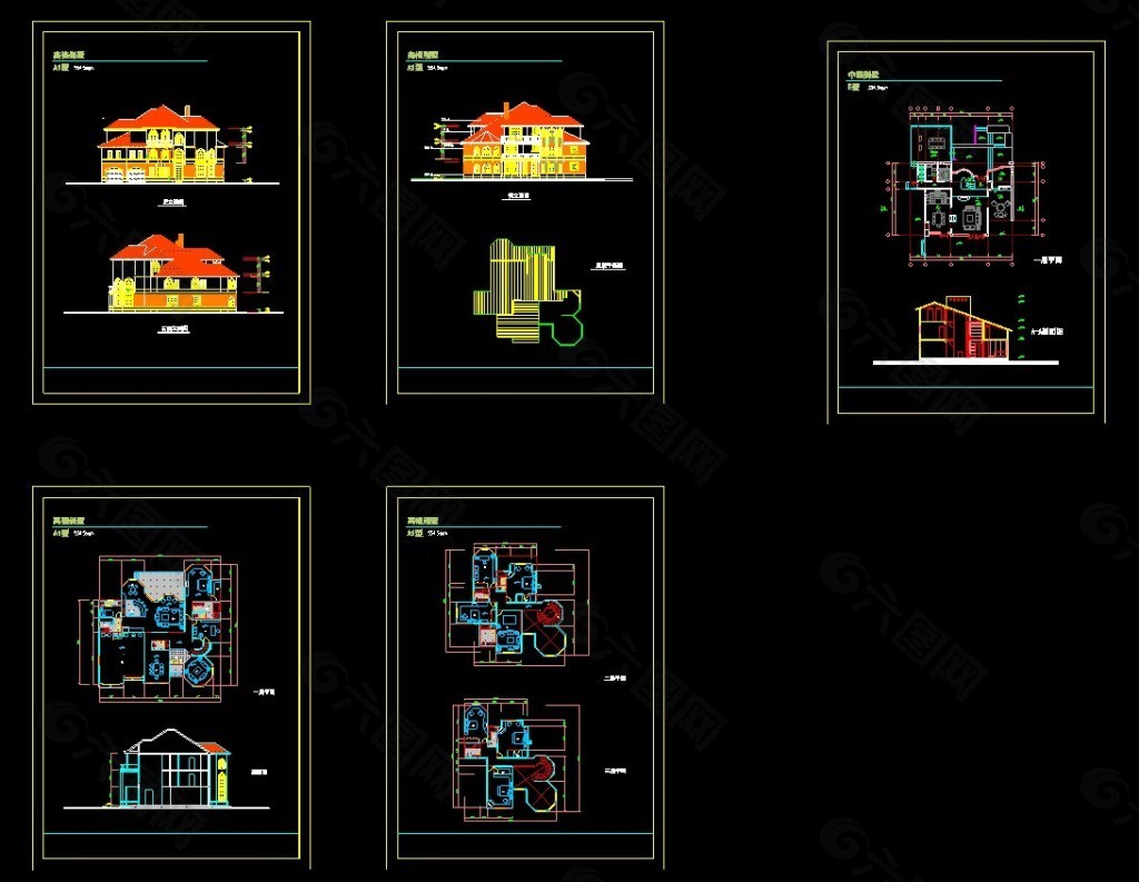 四个中高档别墅方案平立剖图