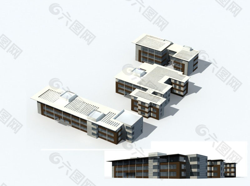 白色屋顶多层公建建筑3D模型