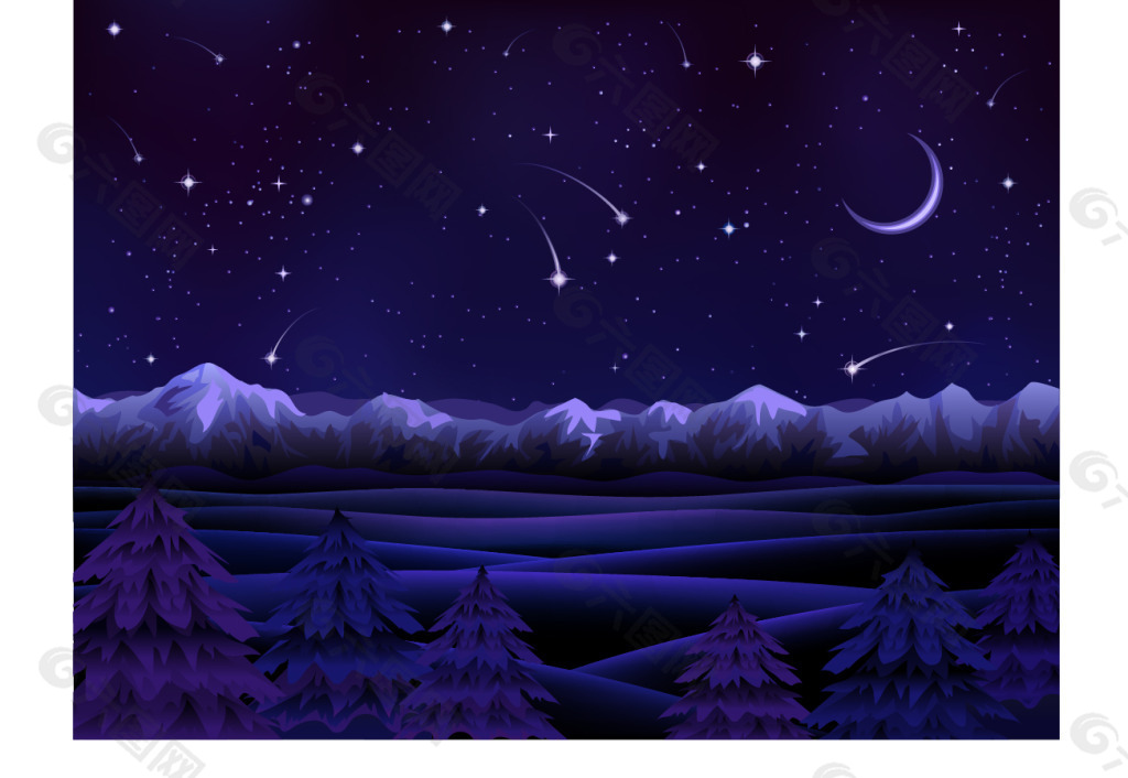 紫色梦幻雪夜矢量素材