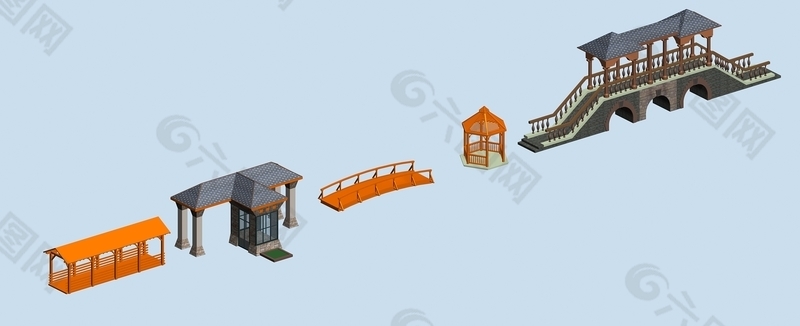 古典亭子拱桥建筑3D模型