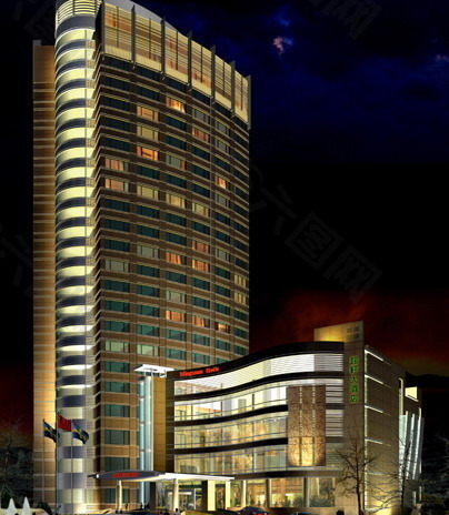 现代高层商业大楼夜景效果图3d模型