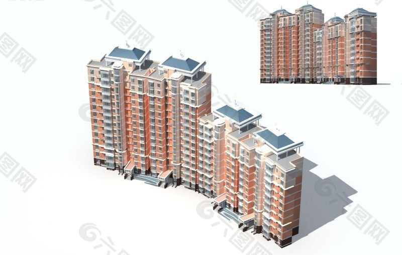 现代立顶橙色外观高层建筑3D模型图