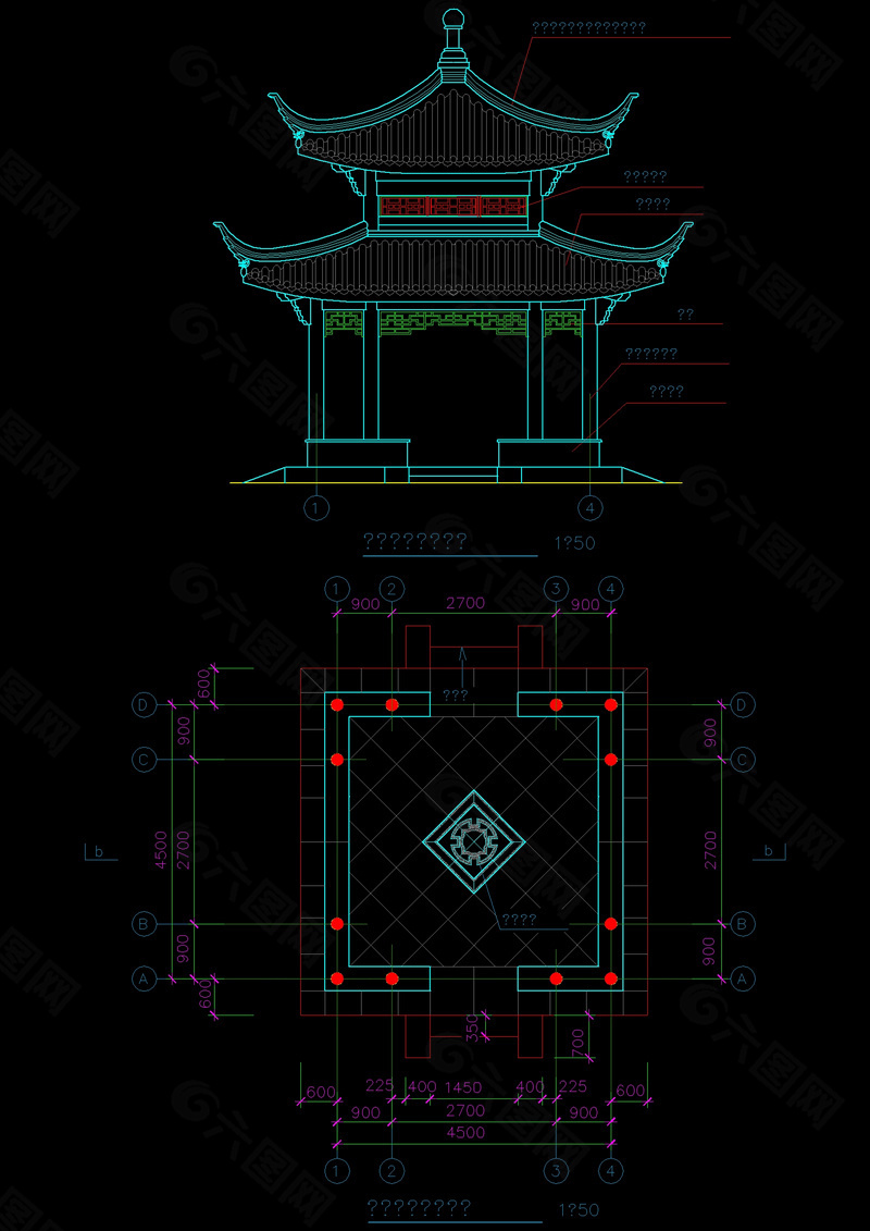 古典重檐亭内部结构图