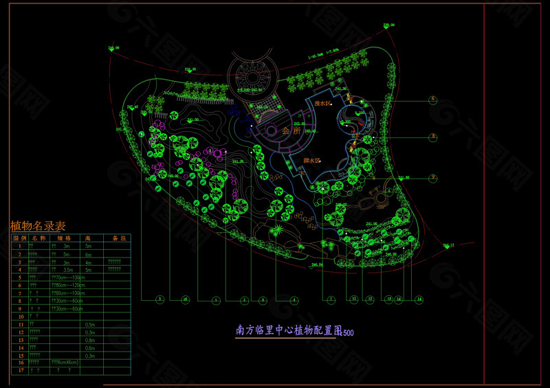 南方临里中心植物配置表cad图纸