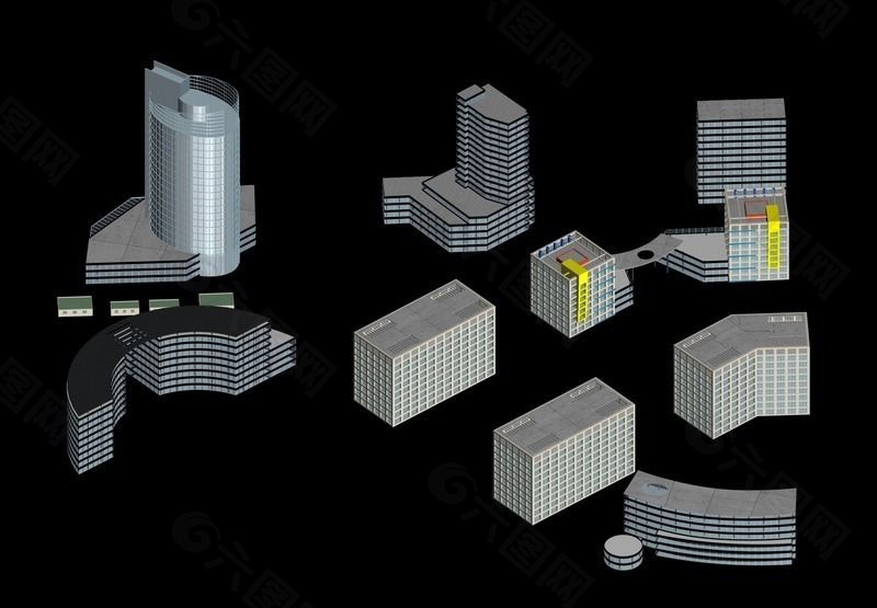 现代城市高层几何建筑群3D模型图
