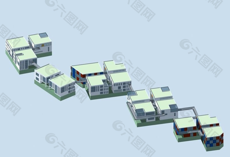 现代规则田字排列建筑群3D模型图