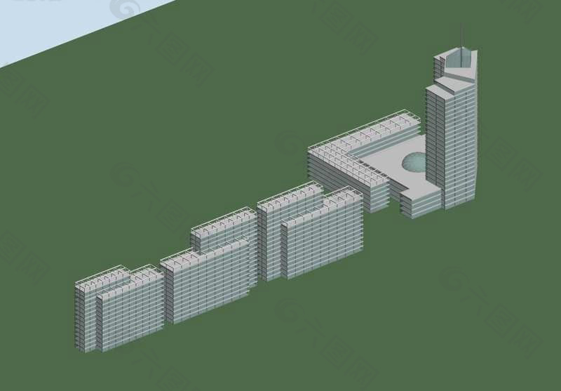 现代商务广场整体造型建筑3D模型图