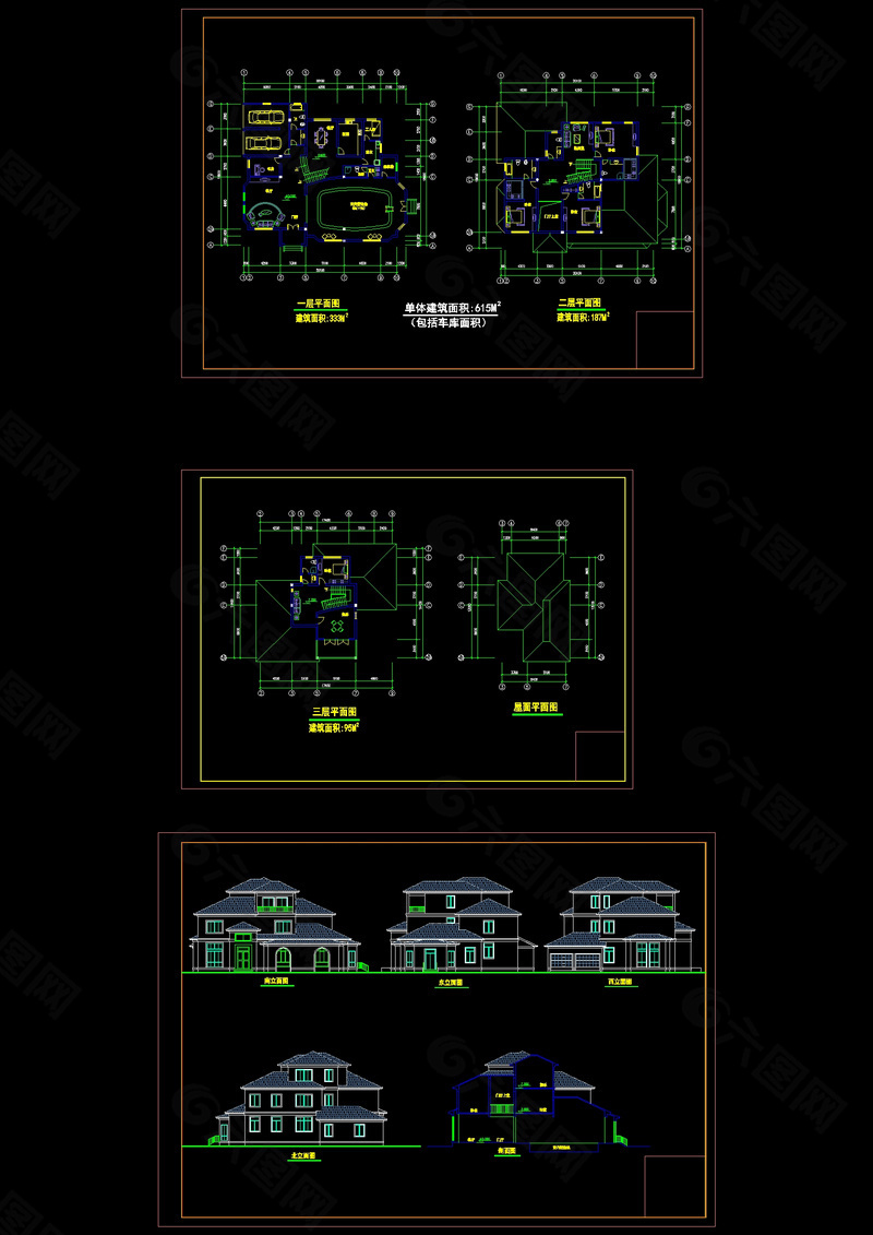 别墅平面立面cad图纸