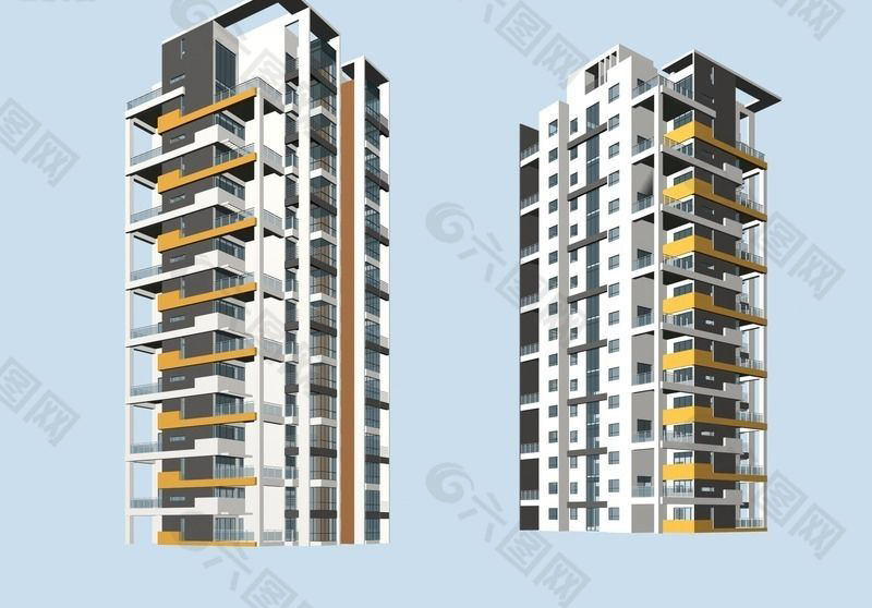 两栋高层塔式住宅楼3D模型