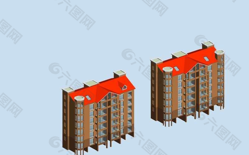 斜色坡顶联排简模建筑3D模型