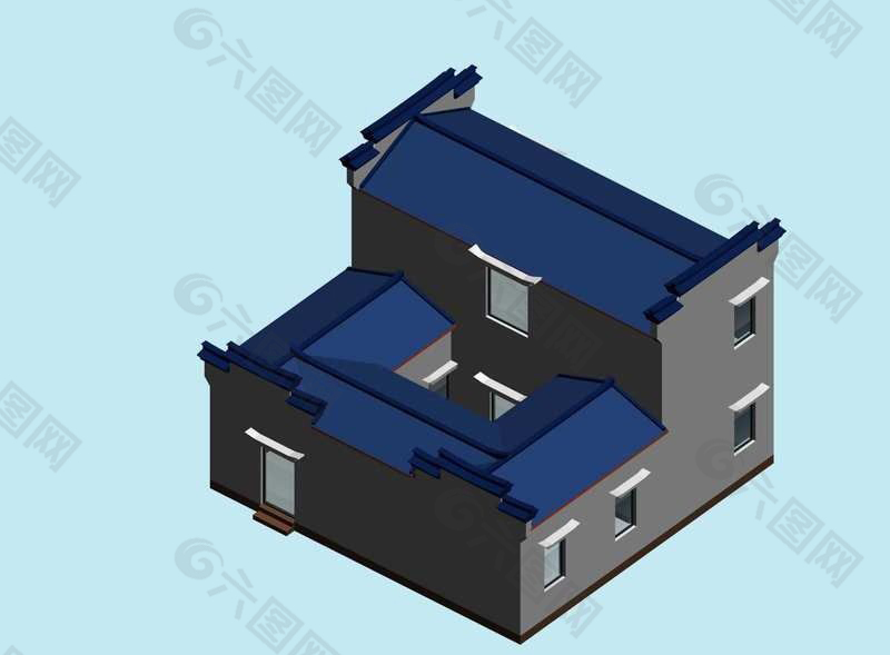 中式斜屋顶规划简模建筑3D模型