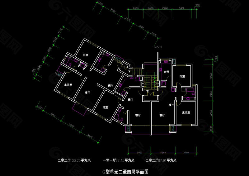 二室二厅楼房cad图纸