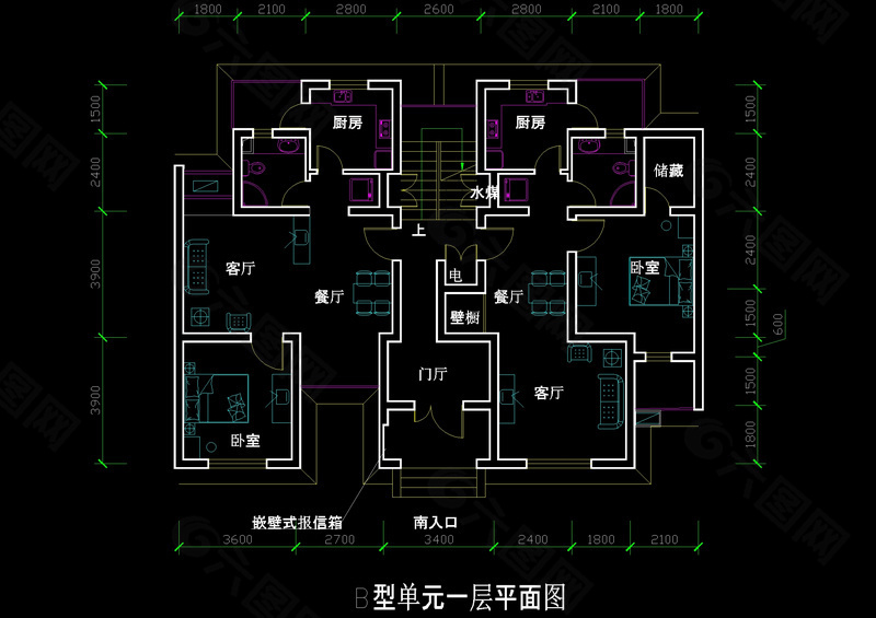 一室二厅cad图稿