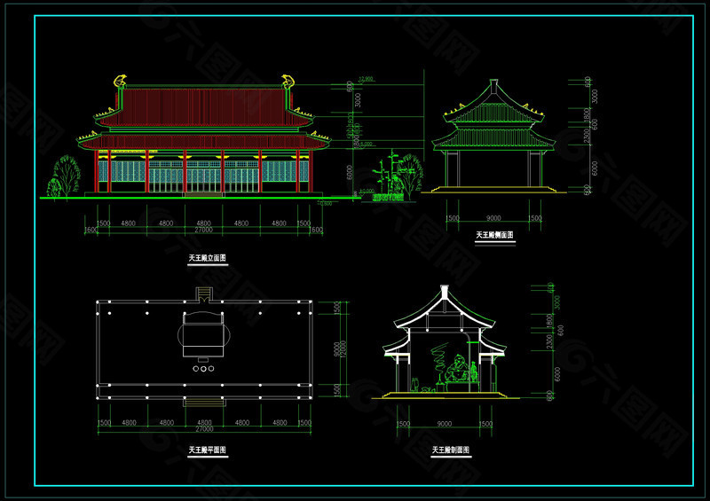 寺庙天王殿平立剖cad图纸