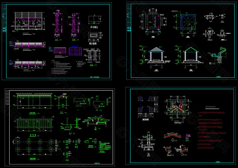 亭长廊围墙等建筑结构cad施工图