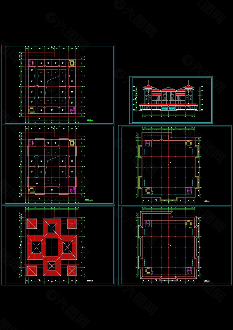 现代仿古建筑服务中心cad图纸