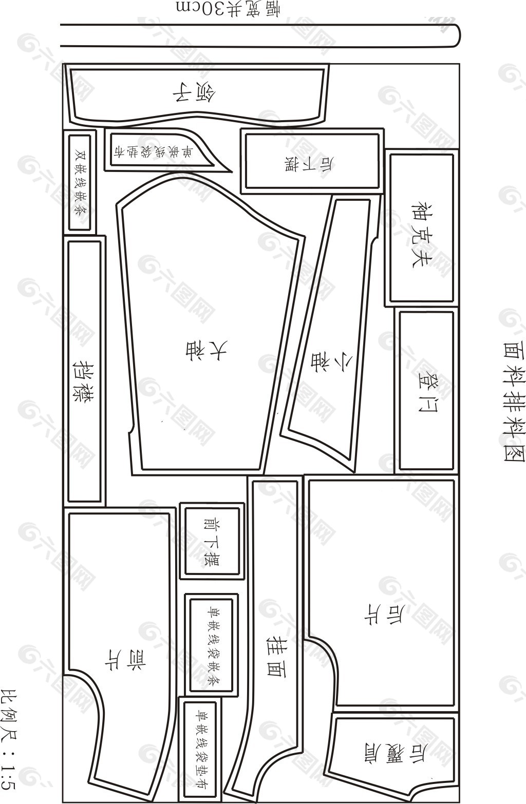 1：5男式夹克面料排料图