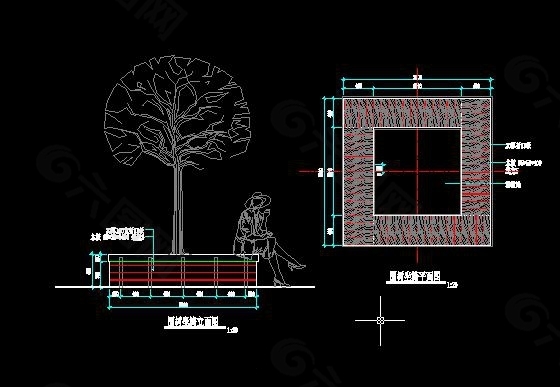 防腐木的围树座椅CAD施工详图.