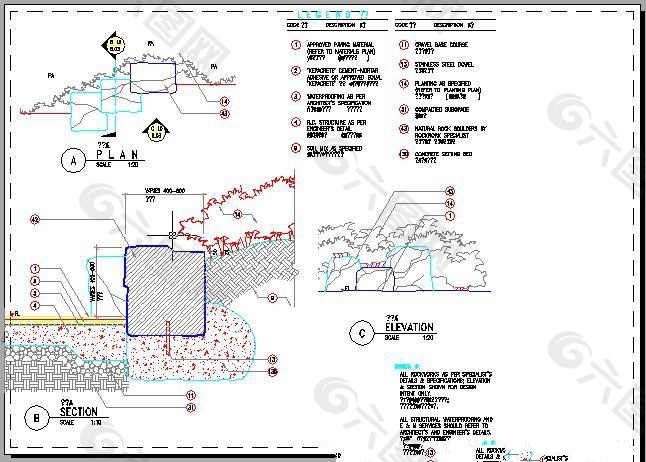 国外的景观挡墙做法CAD施工详图