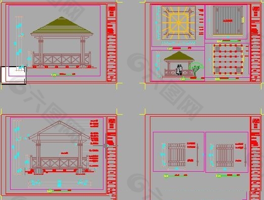 防腐木亭四角亭平立剖面图