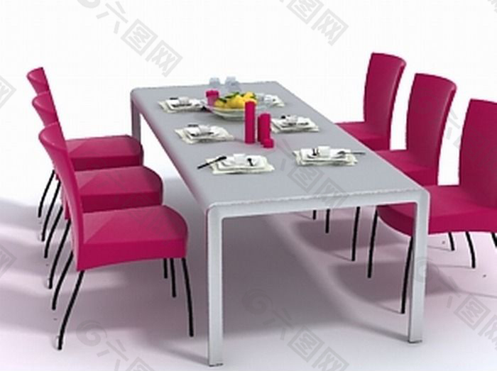 红色6座餐桌椅组合3D模型