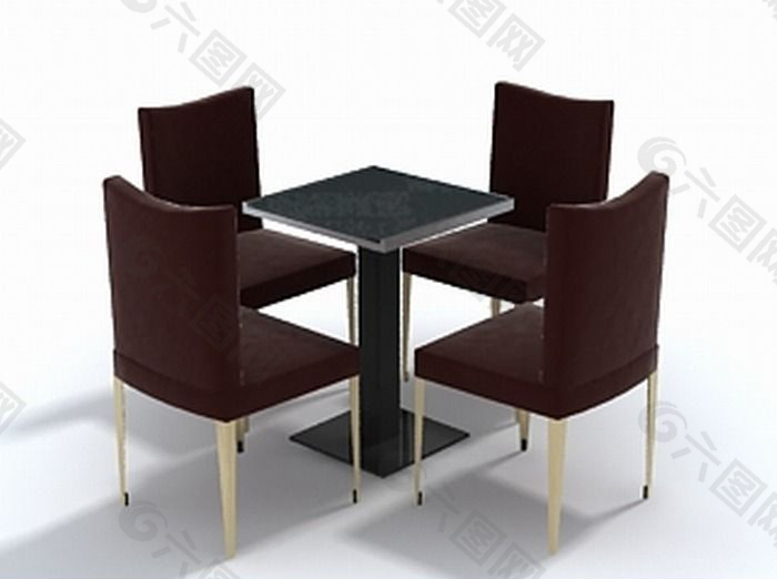 简约4座方餐桌椅组合3D模型