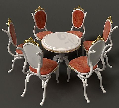 圆盘餐桌描金餐椅模型