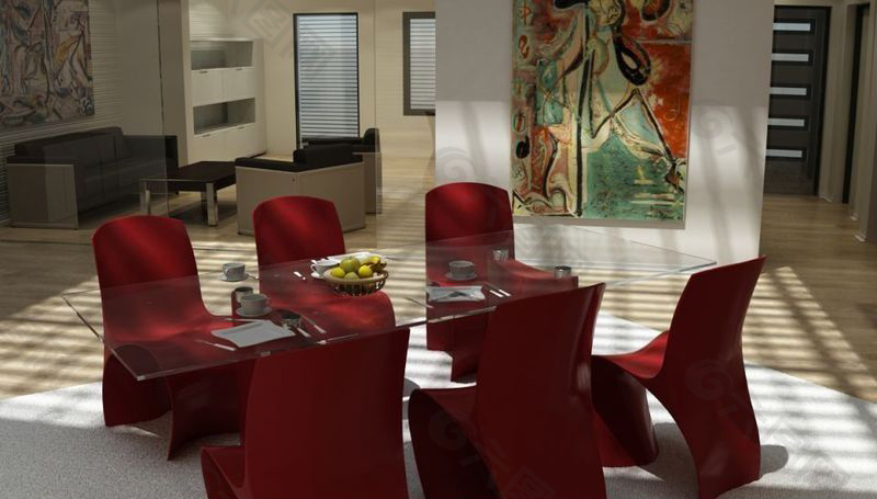 餐厅红色餐桌餐椅3D模型效果图