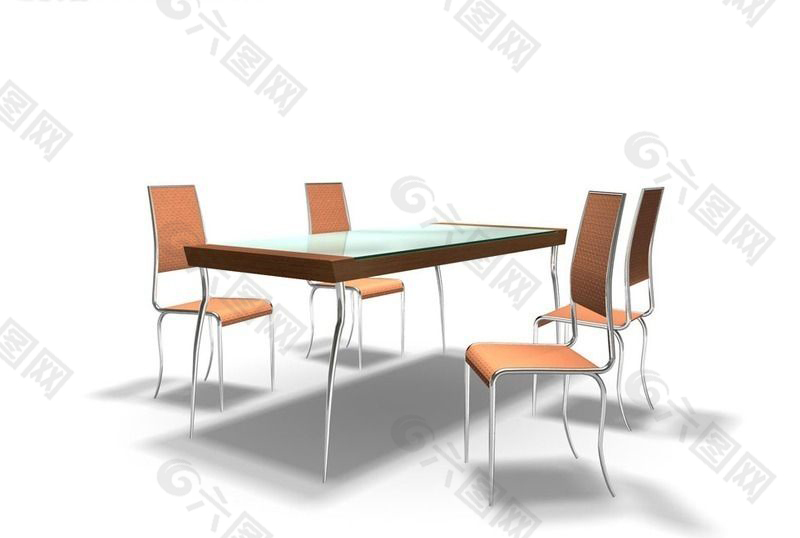 玻璃餐桌和橘色靠椅设计模型