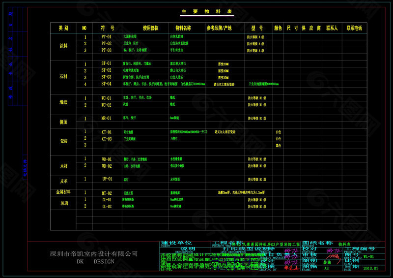 G3户型样板房材料表cad图纸