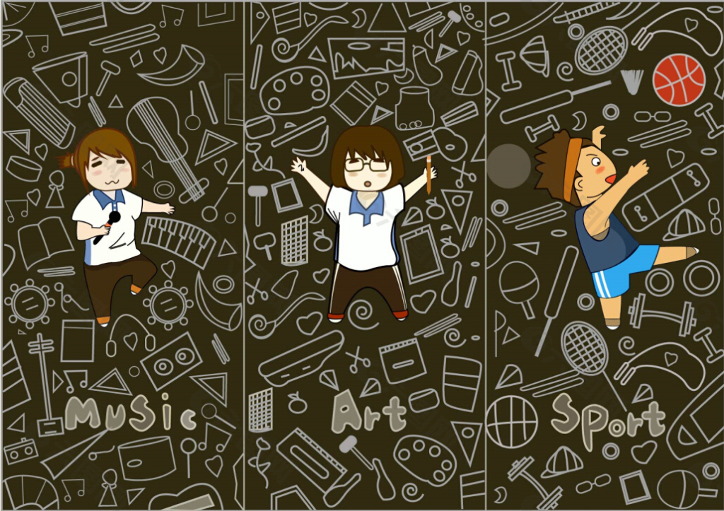 校园生活插画——音乐、艺术、运动