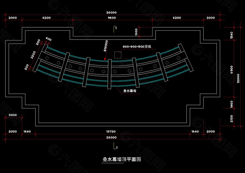 叠水幕墙顶平面图cad图纸