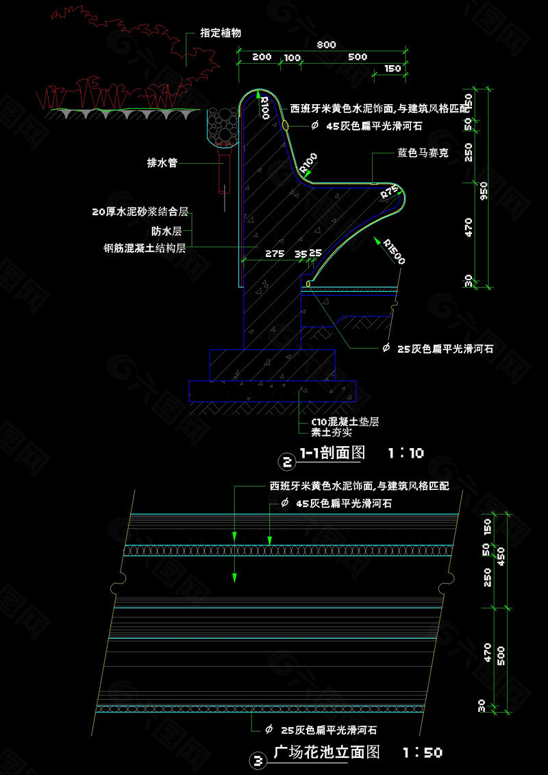 广场花池立面cad图纸