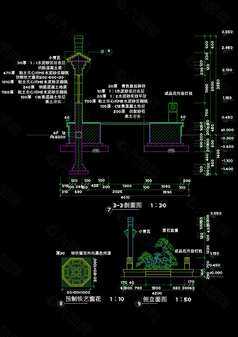 景墙盆景剖面图cad图纸素材