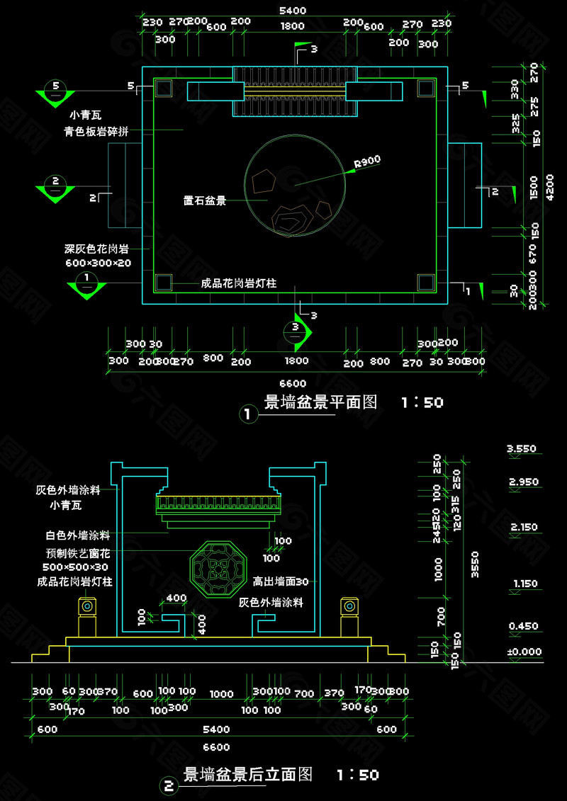 景墙盆景平面图cad图纸