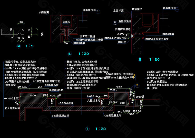 游泳池立面cad图纸素材