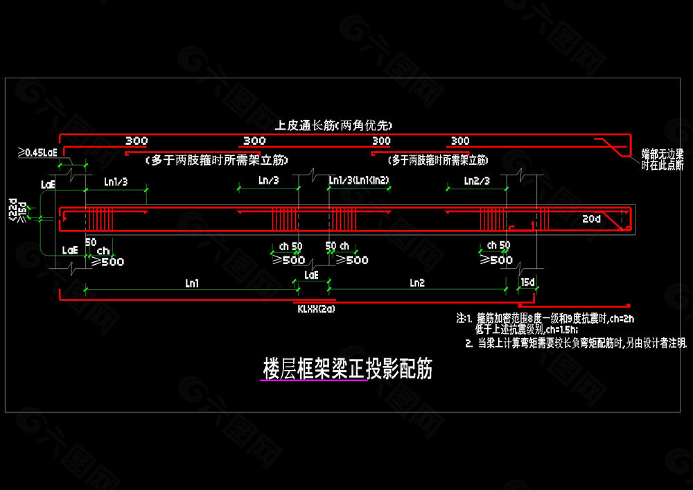 楼层框架梁正投影配筋详图