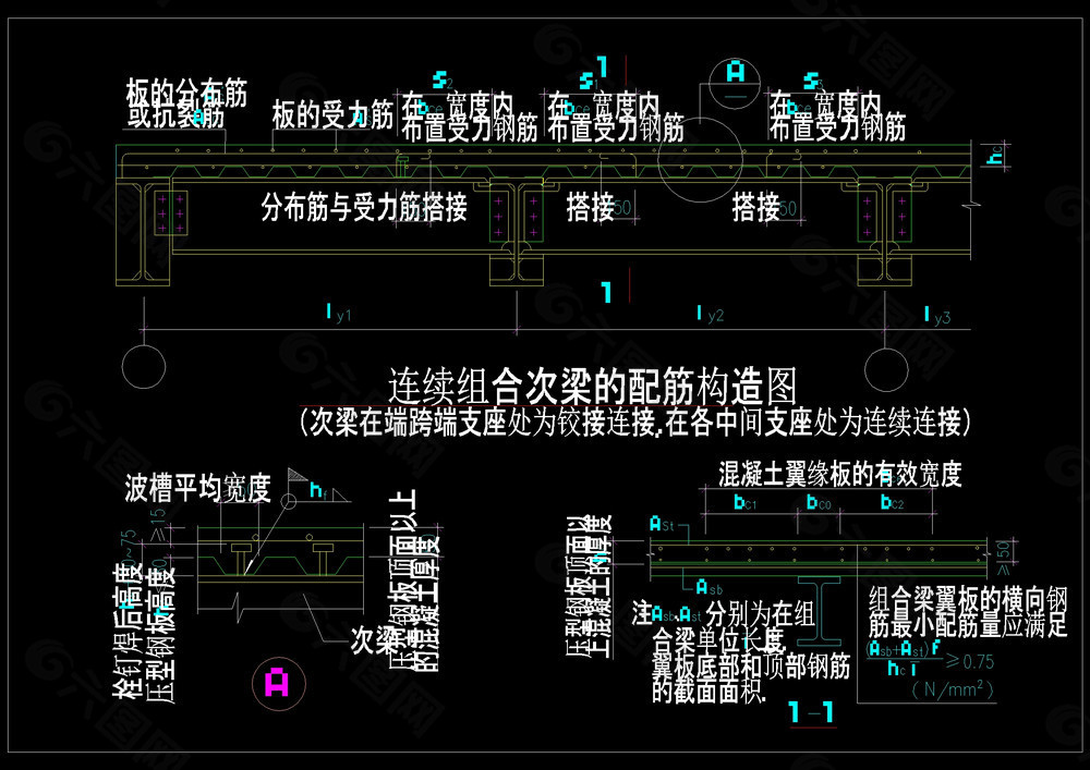 连续组合次梁的配筋构造图