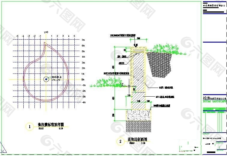 张拉膜放样及花池边剖面