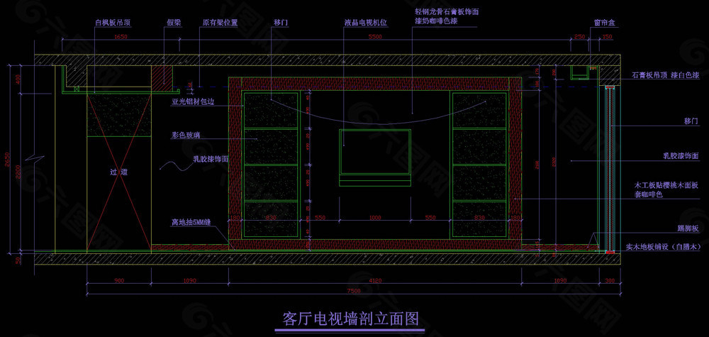 客厅电视墙剖立面图