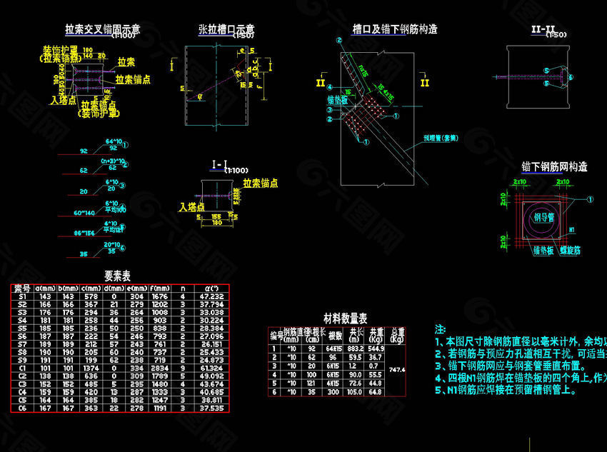 桥塔斜拉索张拉槽口cad图纸