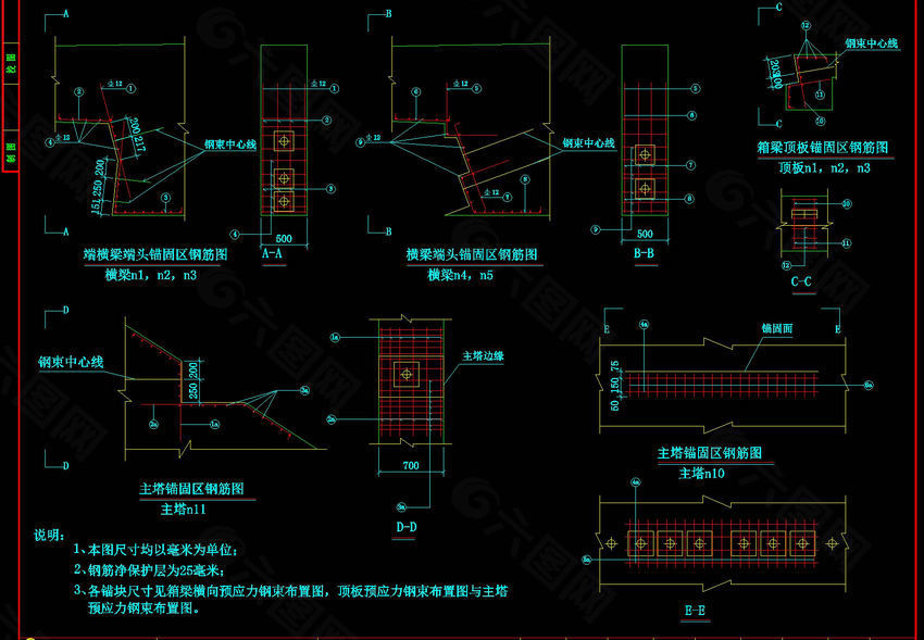 钢束锚固区钢筋构造图cad素材